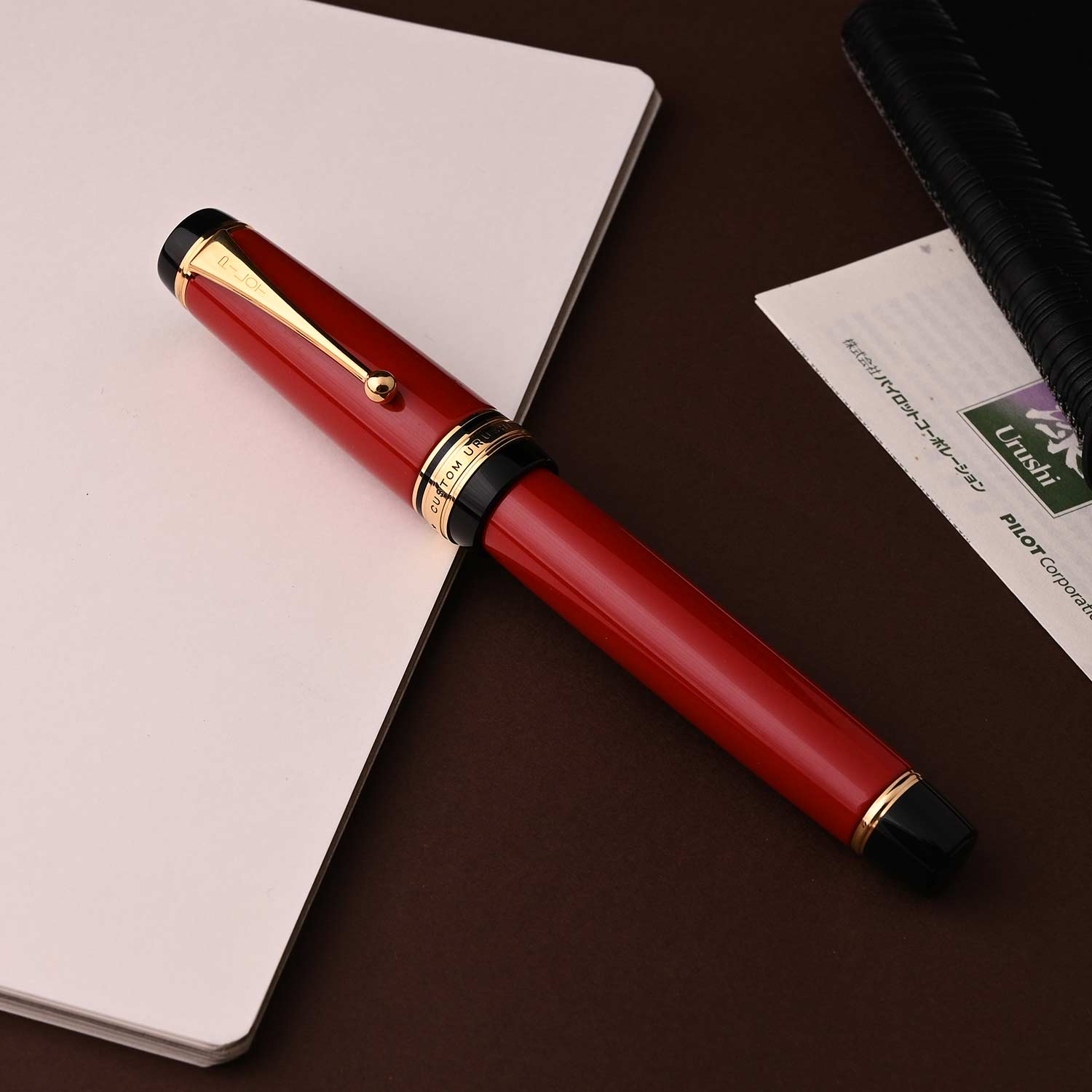 Pilot Custom Urushi Fountain Pen – Vermilion Red | 18K Gold Nib with Rhodium Plating | Double Broad