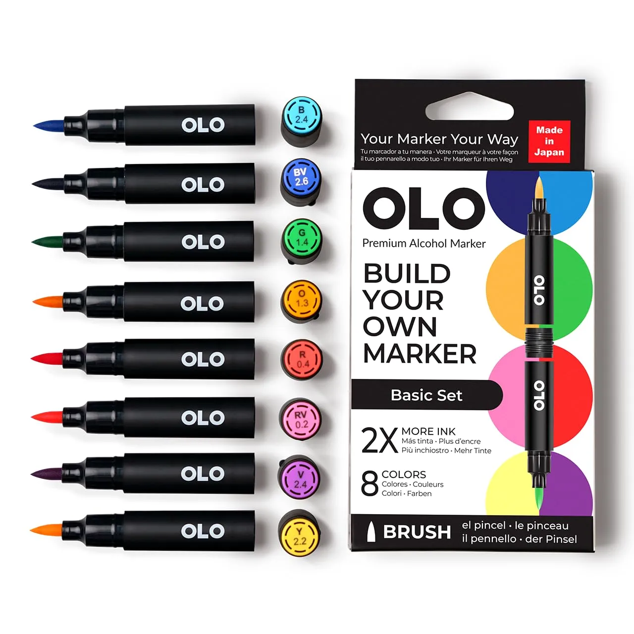 OLO Basic set, 8pc Brush Tip Alcohol Markers. Customizable with Innovative Ink Flow. Professional Dual Tip Art Markers for Illustration, Sketching, Drawing, Manga, Paper Craft, Cardmaking
