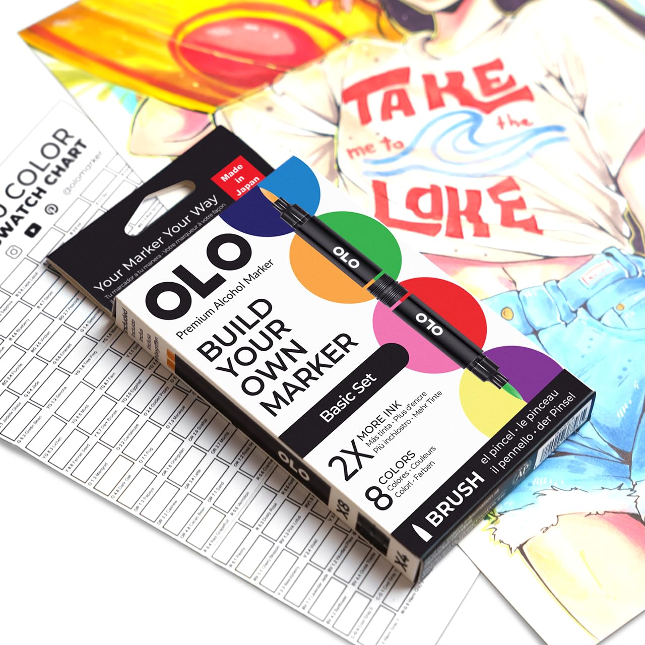 OLO Basic set, 8pc Brush Tip Alcohol Markers. Customizable with Innovative Ink Flow. Professional Dual Tip Art Markers for Illustration, Sketching, Drawing, Manga, Paper Craft, Cardmaking