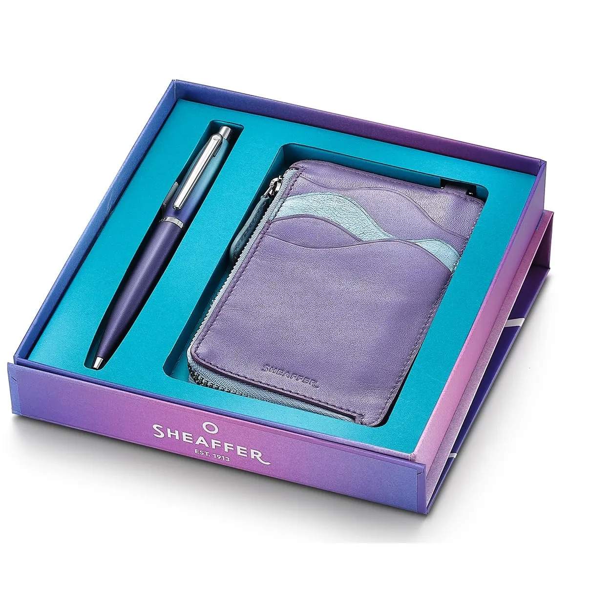 Sheaffer Expressions Gift Set VFM 9430 Blue and Purple Pearlised Gradient Ballpoint Pen with Genuine Leather Card Case