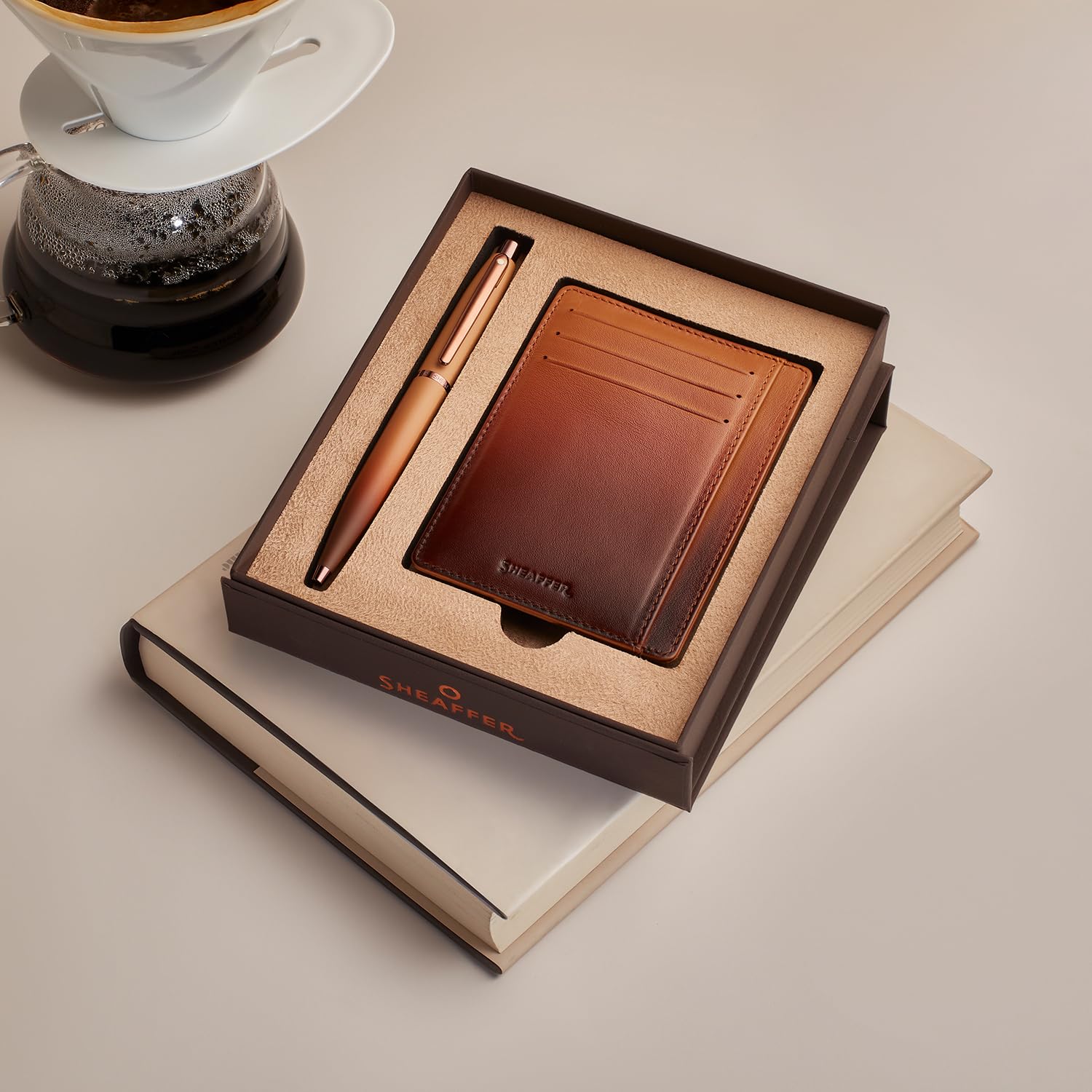 Sheaffer Gift Set VFM 9428 Coffee Edition Ballpoint Pen with Regal Brown PVD Trims and Credit Card Holder - Matt Brown