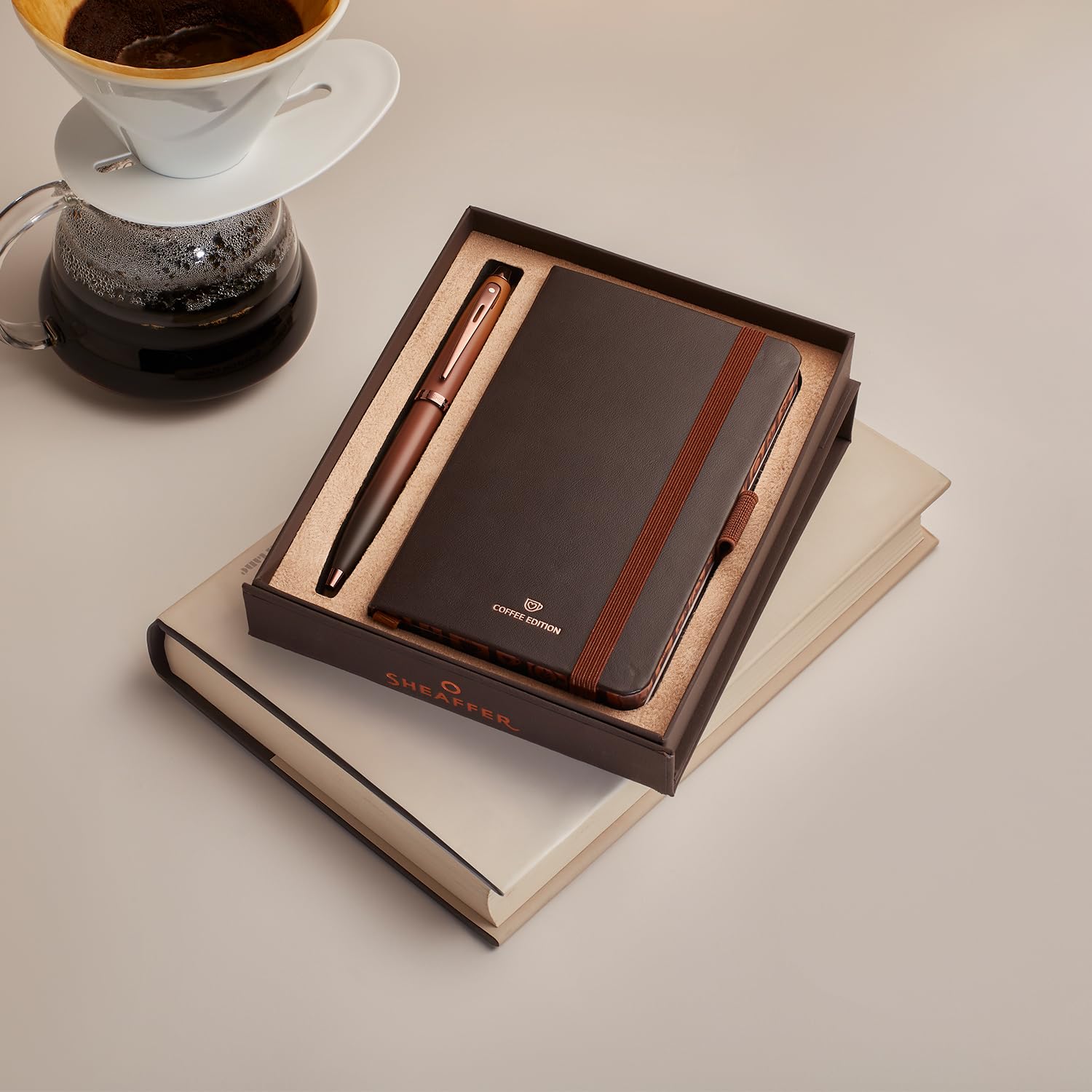 Sheaffer 100 Gift Set 9374 Coffee Edition Ballpoint Pen with Regal Brown PVD Trims and Small Notebook - Matt Brown