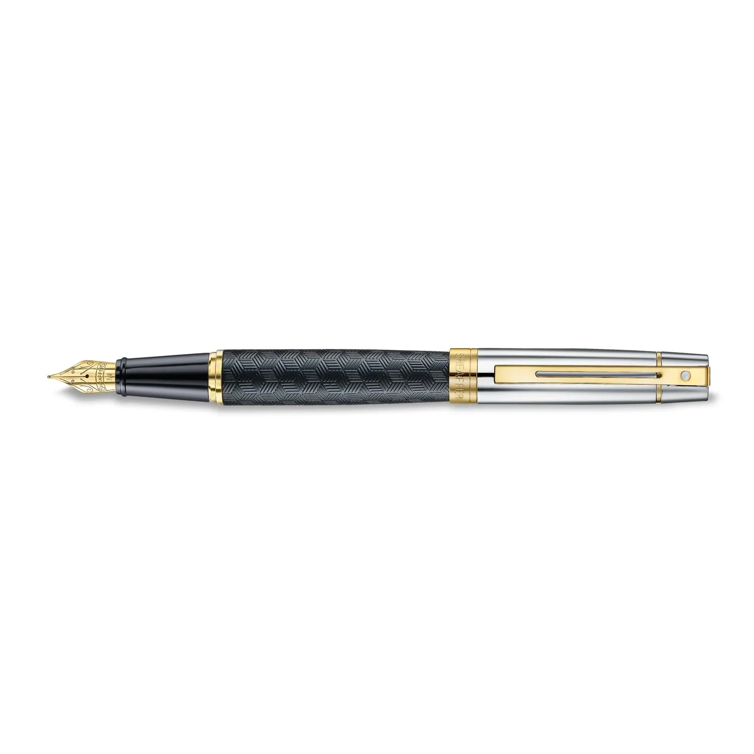 Sheaffer 300 Fountain Pen | E9347 Engraved Matt Black Barrel and Shiny Chrome Cap with PVD Gold Trims | Medium Nib | Premium Fountain Pen