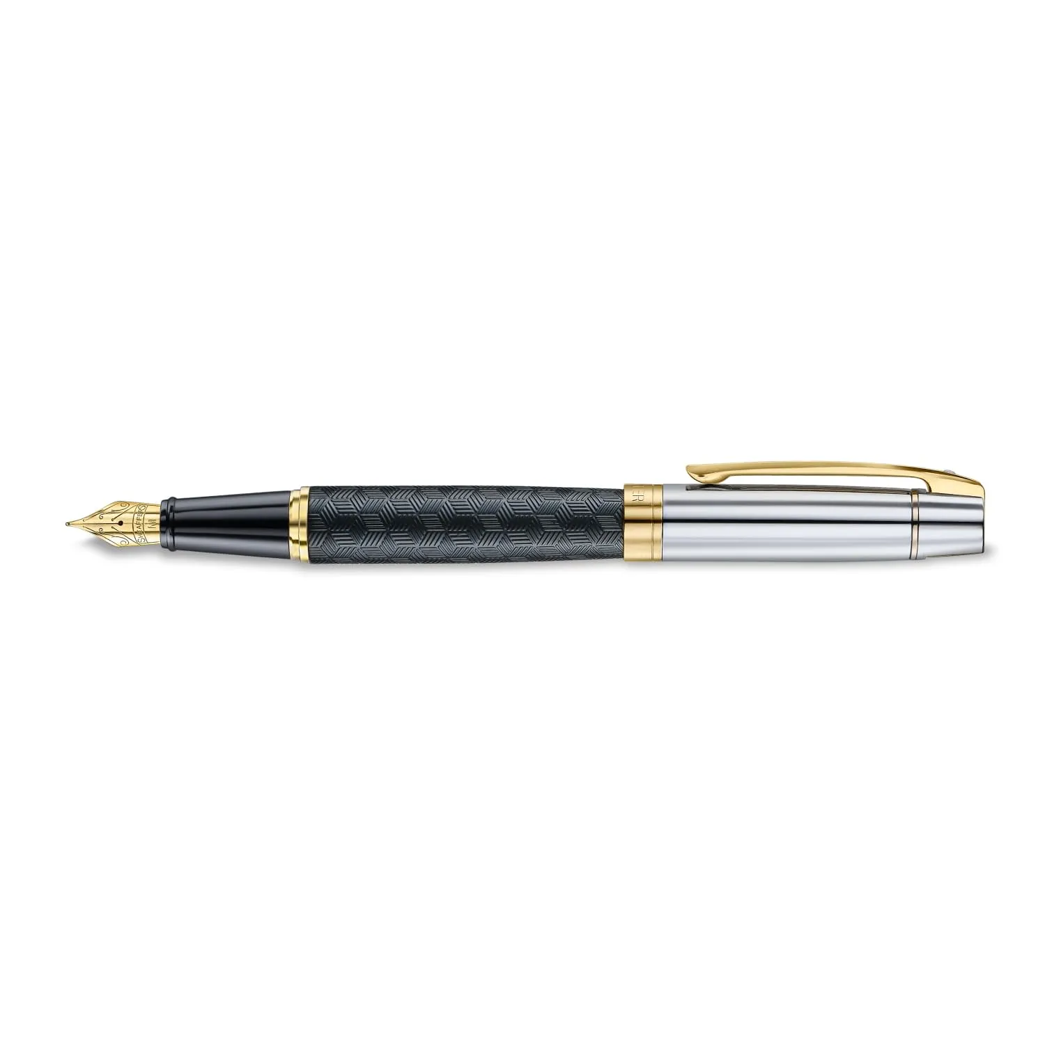 Sheaffer 300 Fountain Pen | E9347 Engraved Matt Black Barrel and Shiny Chrome Cap with PVD Gold Trims | Medium Nib | Premium Fountain Pen