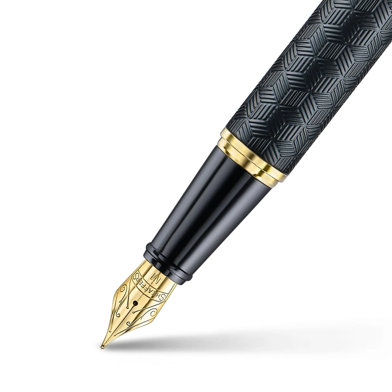 Sheaffer 300 Fountain Pen | E9347 Engraved Matt Black Barrel and Shiny Chrome Cap with PVD Gold Trims | Medium Nib | Premium Fountain Pen