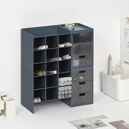 Litem Hive Stack Honeycomb Desk Pen Pencil Stand Organiser with Drawers | Prussian Blue | 2 Stack