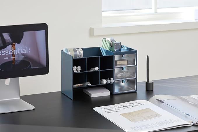 Litem Hive Stack Honeycomb Desk Pen Pencil Stand Organiser with Drawers | Prussian Blue | 2 Stack