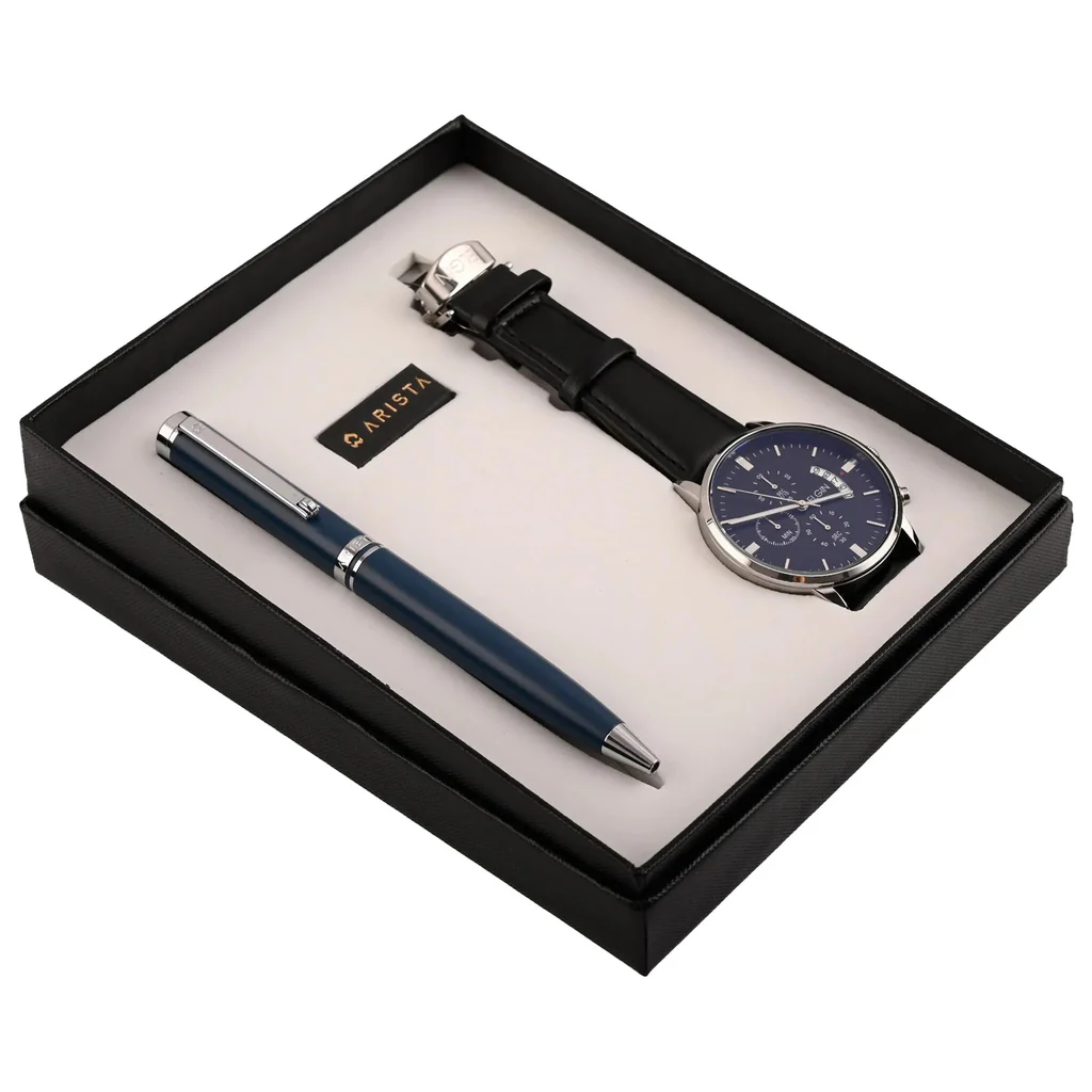 Arista Matt Blue Ballpoint Pen | Blue Barrel | Chrome Trim | With Elgin Watch