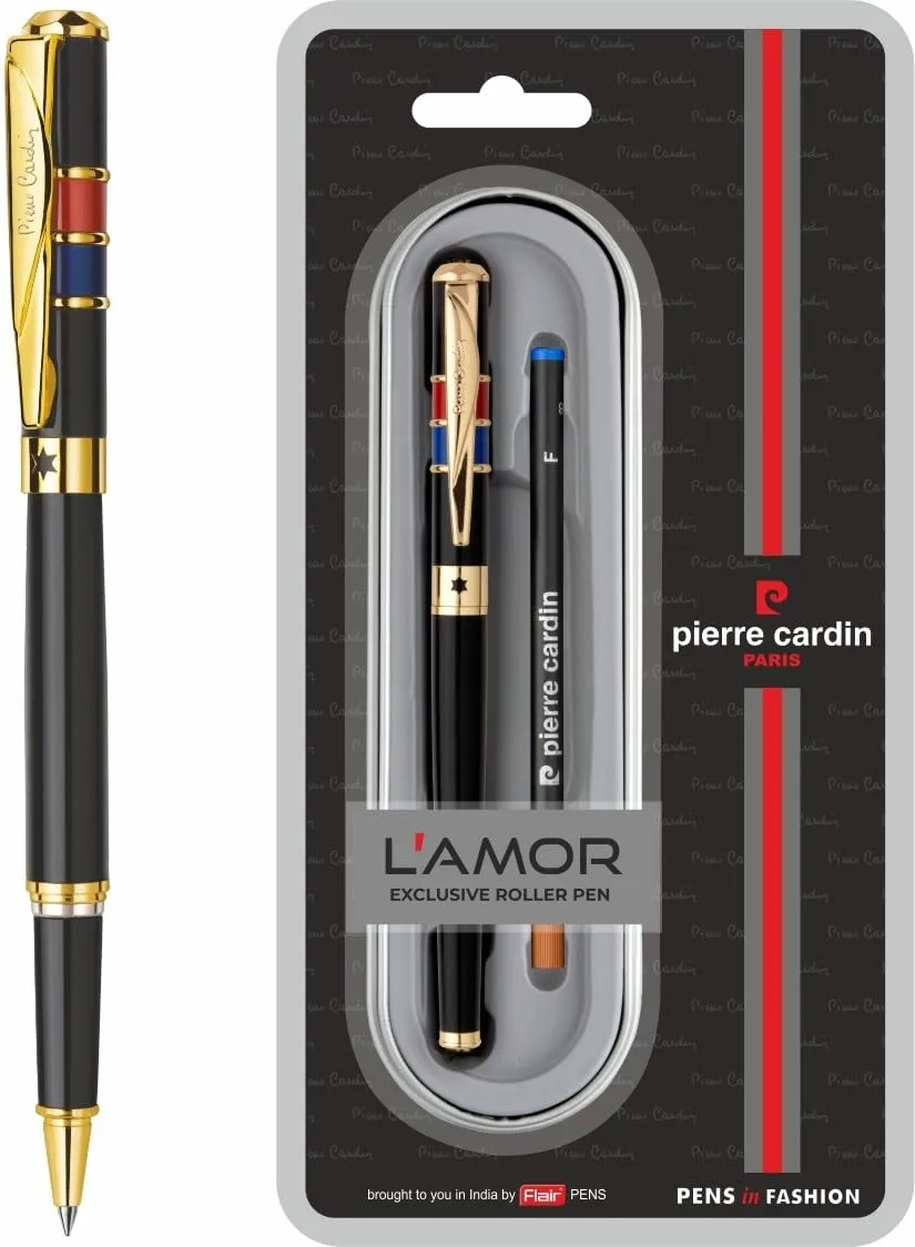 Pierre Cardin Lamor Premium Metal Roller Pen | Black Lacquer Finish Body with Elegant Golden Clip | Ideal for Festive