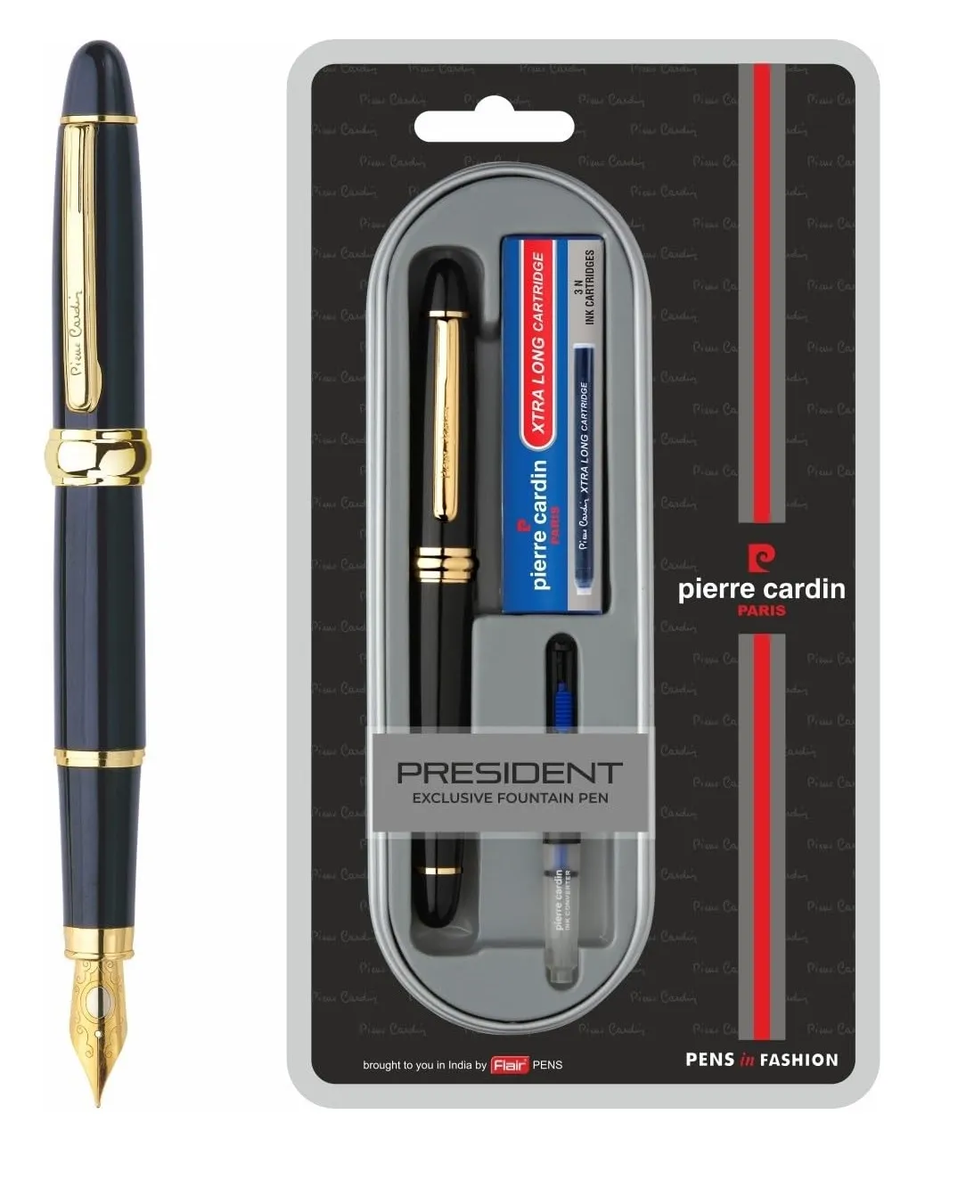 Pierre Cardin President Premium Fountain Pen | Luxurious Black Lacquer Finish Body with Golden Trims