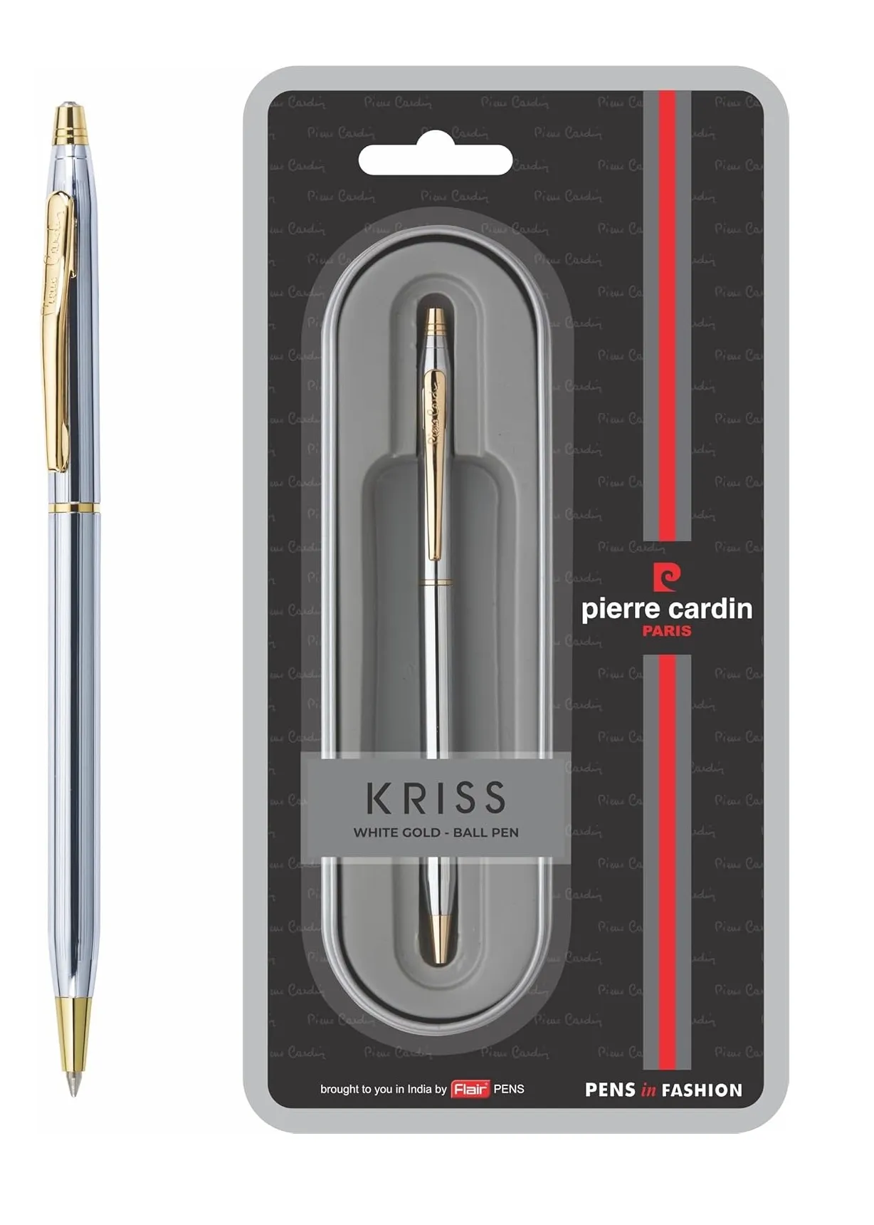 Pierre Cardin Premium Kriss Metal Ball Pen With Twist Mechanism | Luxurious White Gold Body with Elegant Golden Pocket Clip | Ideal for Festive