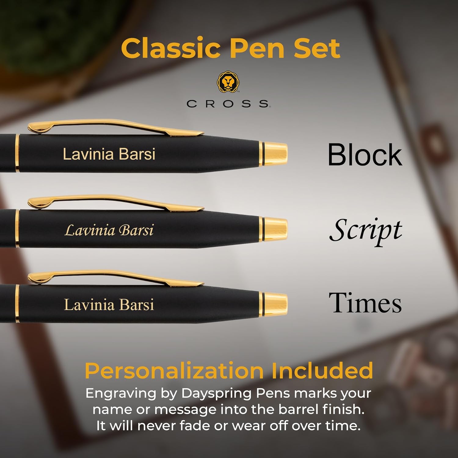 Engraved Cross Pen Set | Personalized Cross Classic Century Black Pen and Pencil Set, Gold Trim 250105.