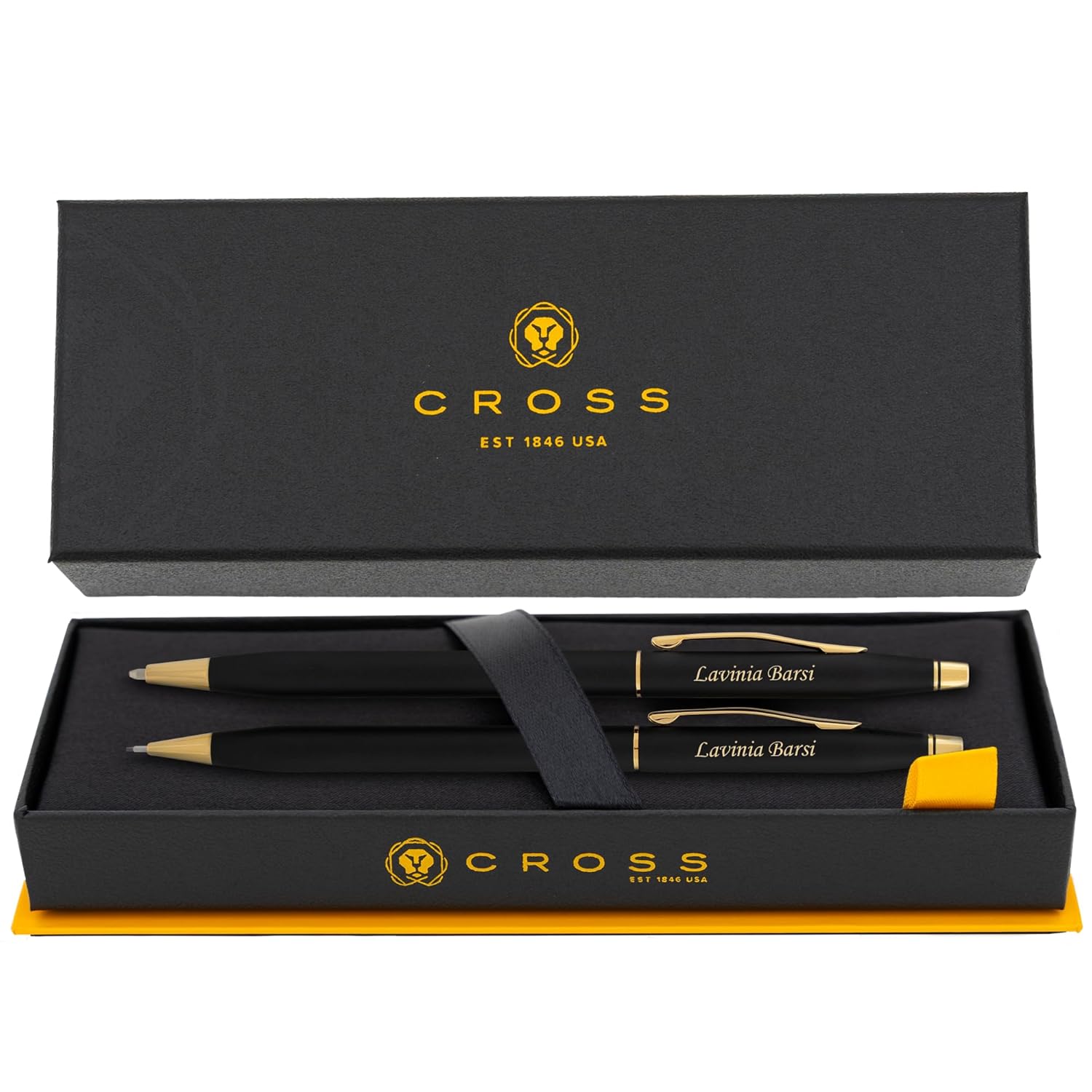 Engraved Cross Pen Set | Personalized Cross Classic Century Black Pen and Pencil Set, Gold Trim 250105.