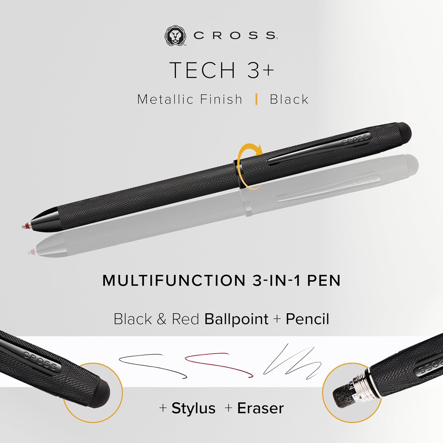 Cross Tech3+ Brushed Black PVD Multifunction Pen with Stylus and 0.5mm Lead