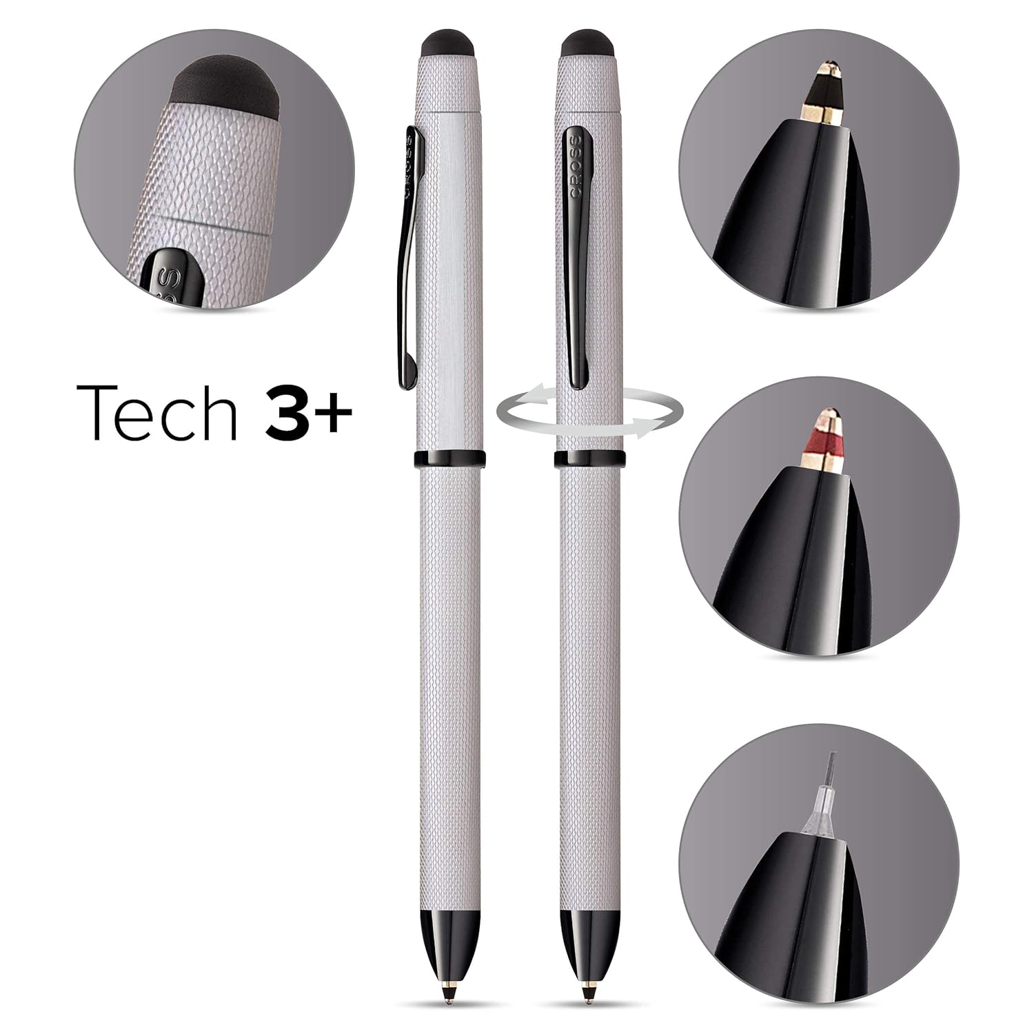 Tech3+ Multi Function Pen Brushed Chrome with Engraved Engine-Turned Diamond-Pattern Finish with Black PVD Appointments, 0.5mm Lead and Optional Stylus