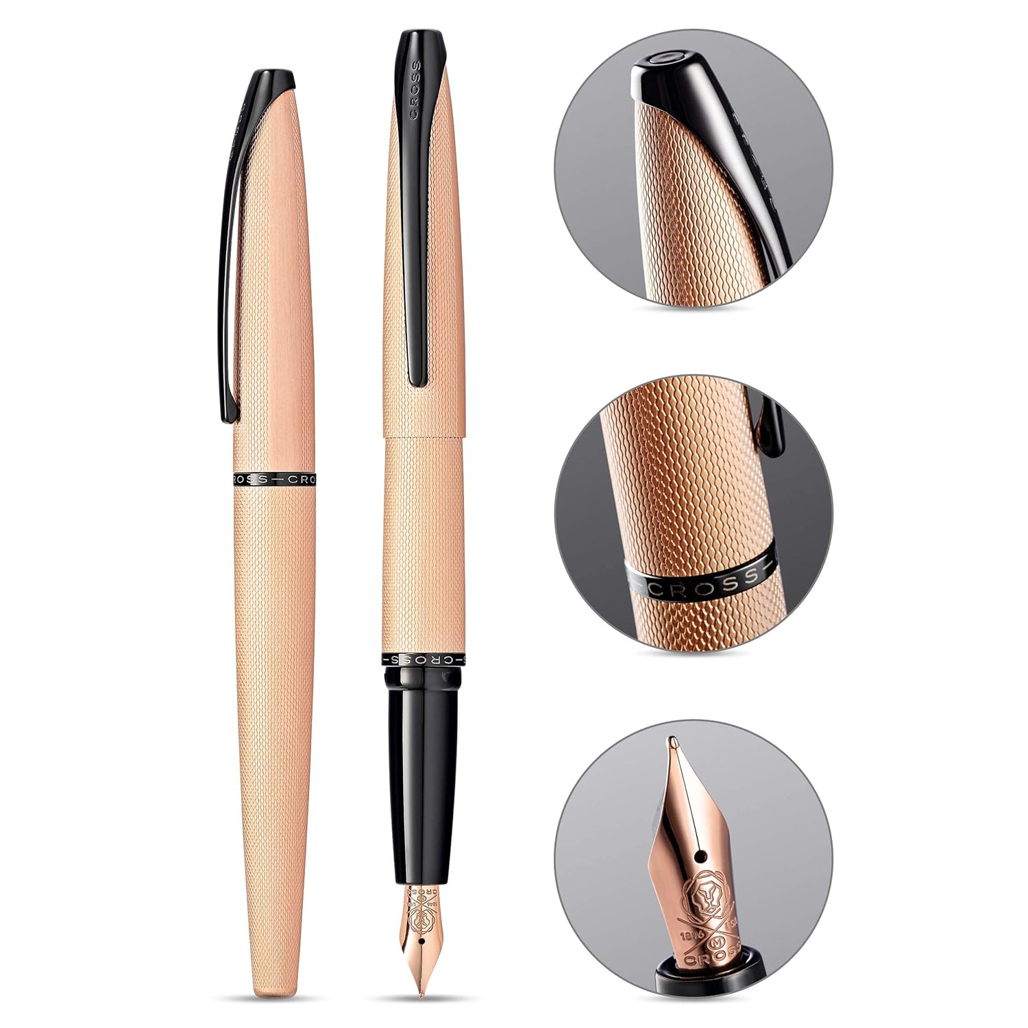 Cross ATX Executive Brushed  Rose Gold Fountain Pen with Polished Black PVD Trim – Medium Nib, Smooth Writing, Premium Gift Box