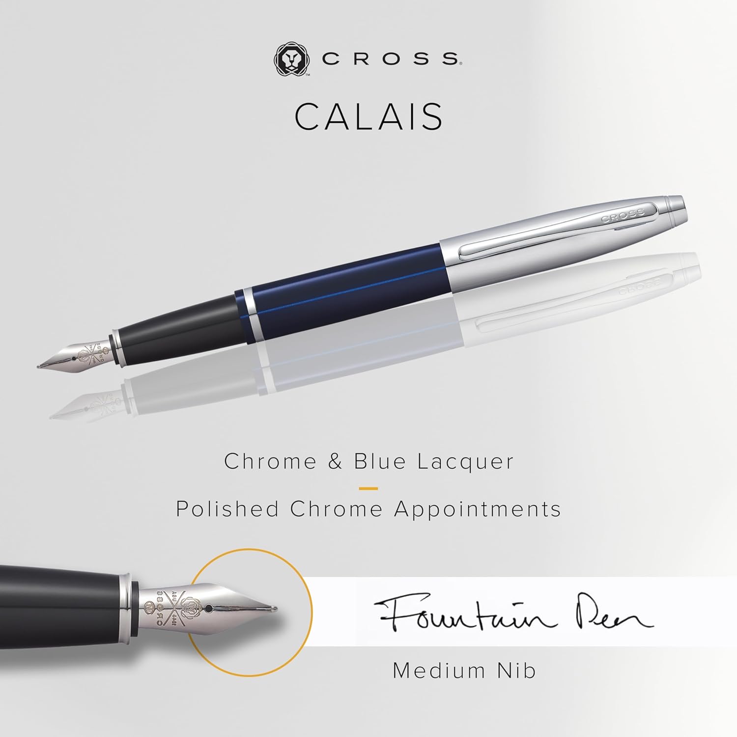 Cross Calais Chrome/Blue Lacquer Fountain Pen  M NIB