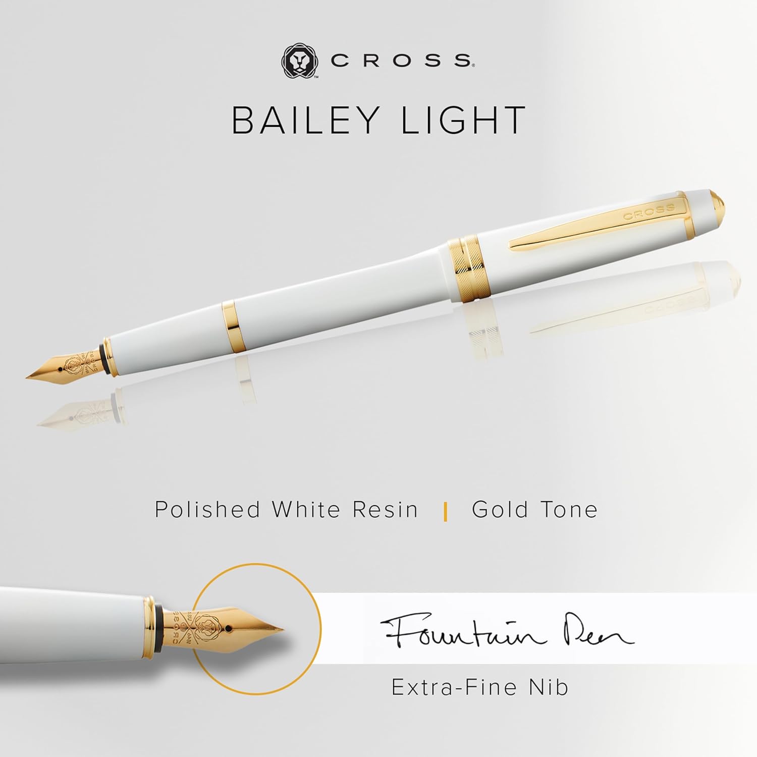 Cross BAILEY LIGHT POLISHED WHITE RESIN AND GOLD TONE FP FINE NIB