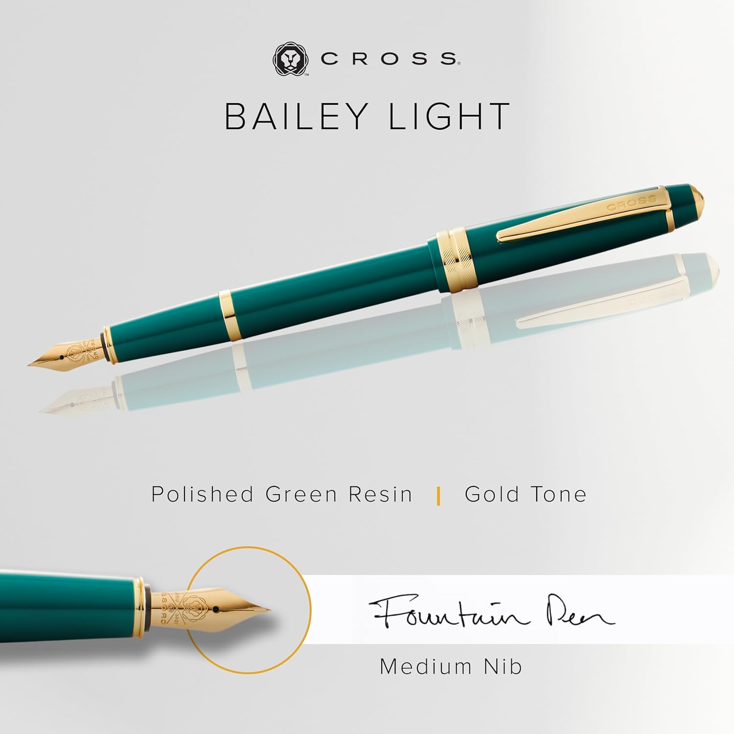 CROSS Bailey Light Polished Green Resin and Gold Tone Fountain Pen medium nib