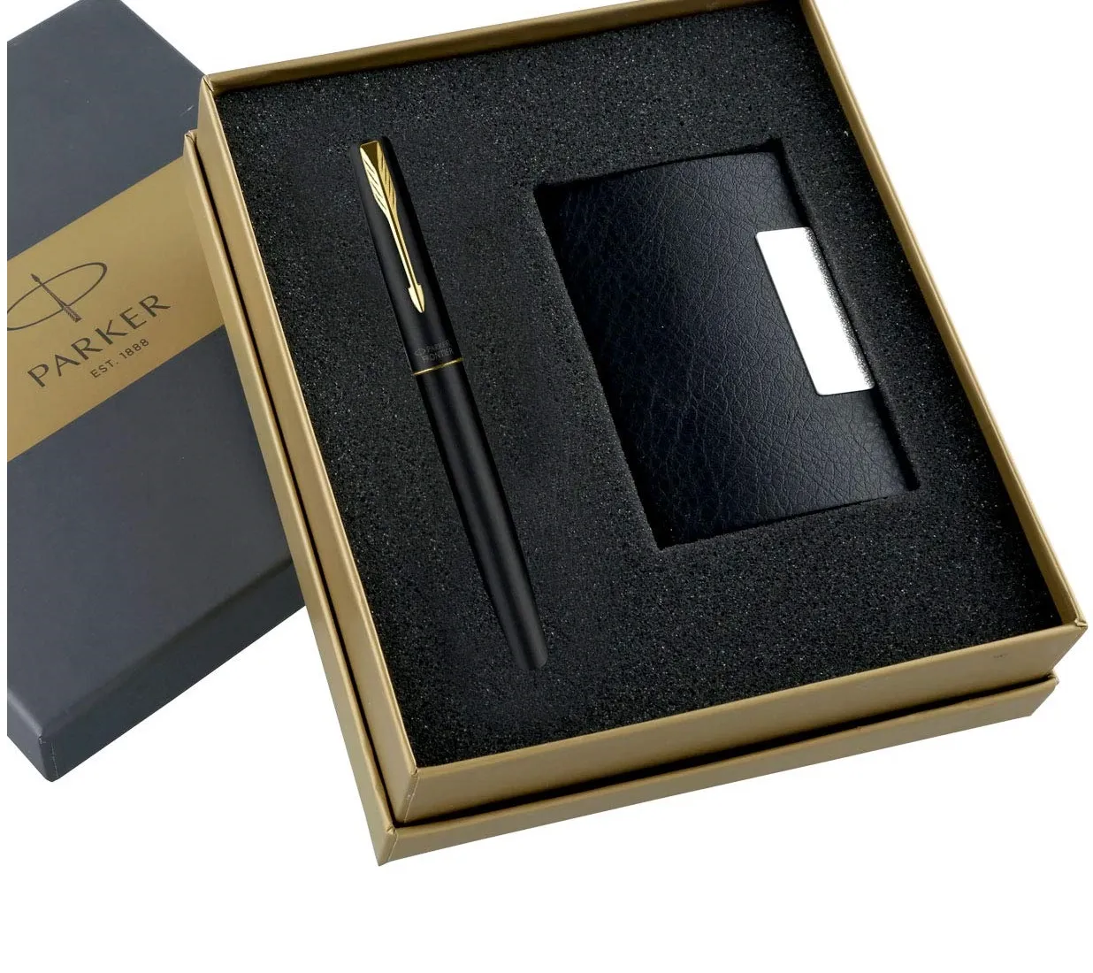 Parker Gift Set Frontier Matte Black Gold Trim Roller Ball Pen With Card Holder