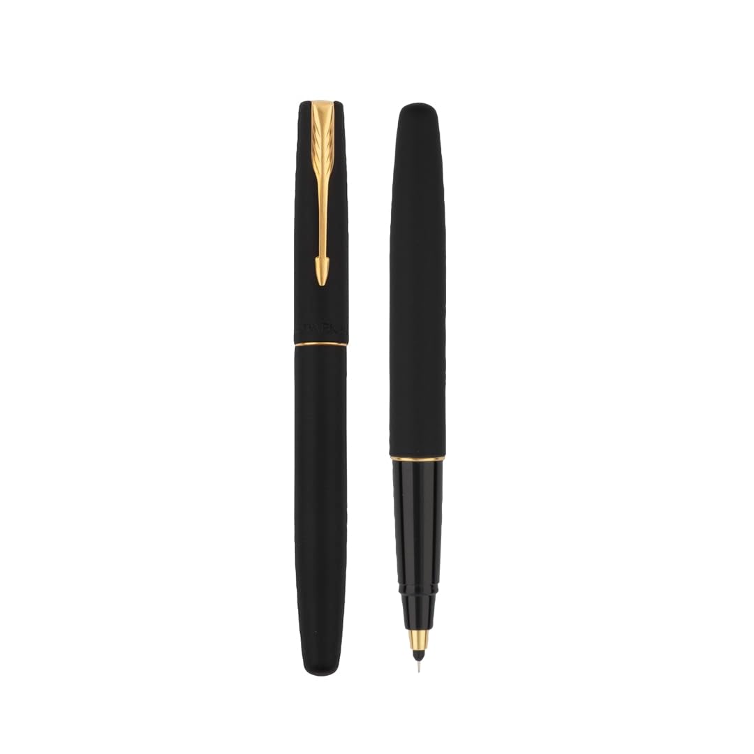 Parker Gift Set Frontier Matte Black Gold Trim Roller Ball Pen With Card Holder