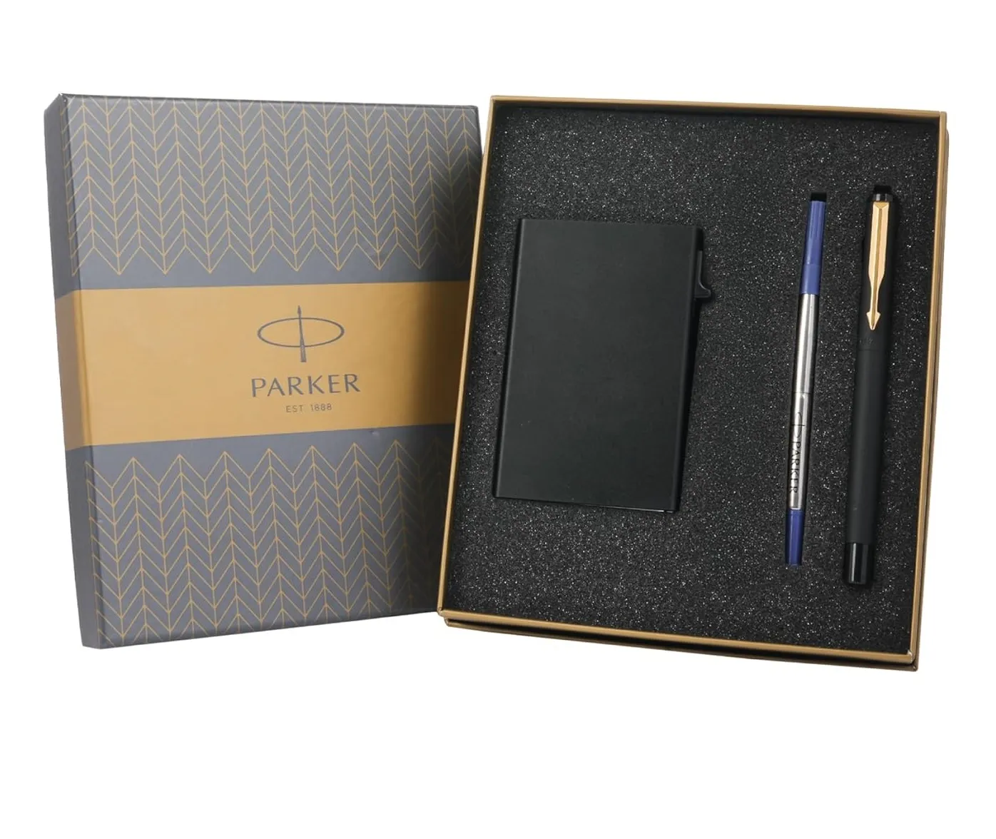 Parker Vector Matte Black Gold Trim Roller Ball Pen and Card Holder, Blue Ink