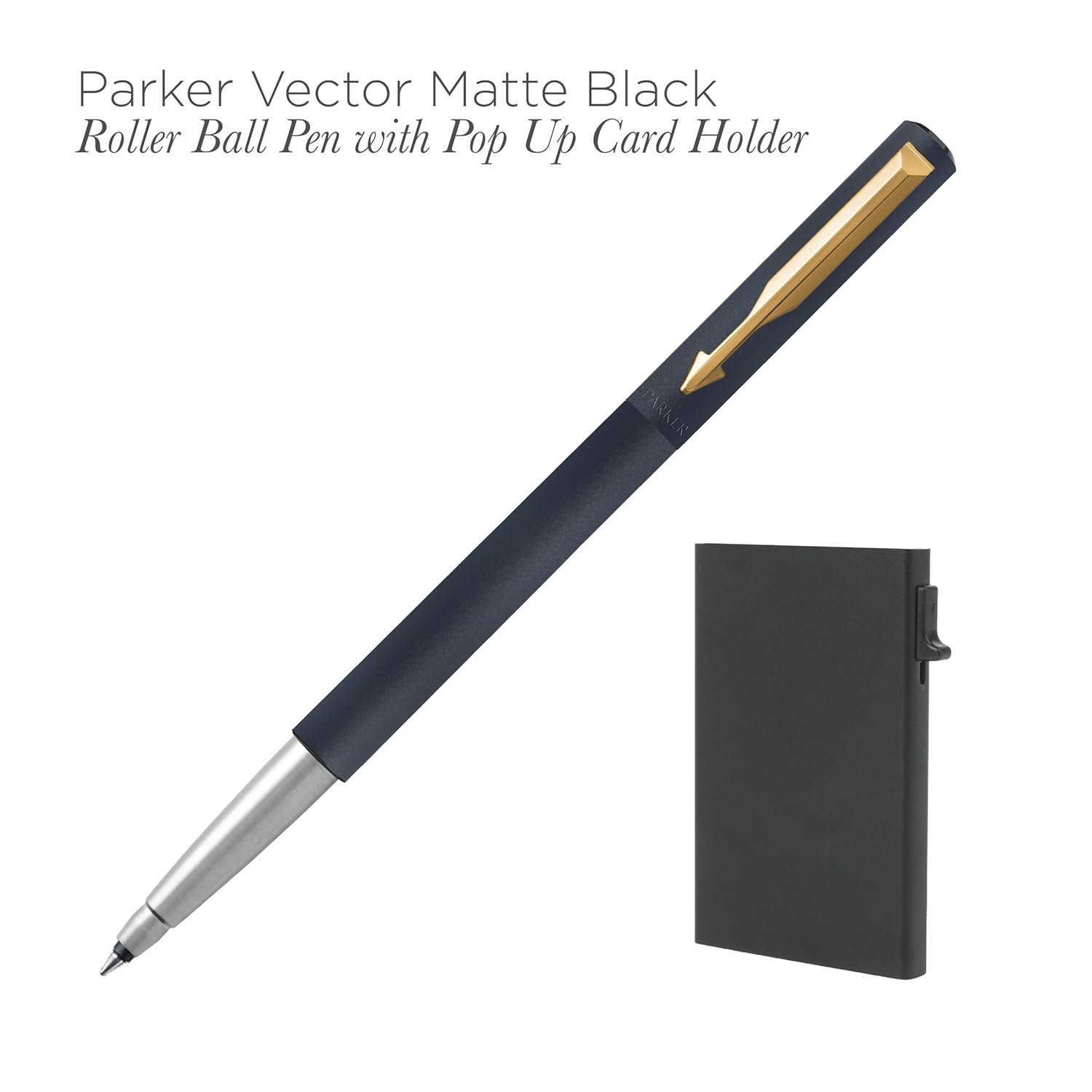 Parker Vector Matte Black Gold Trim Roller Ball Pen and Card Holder, Blue Ink