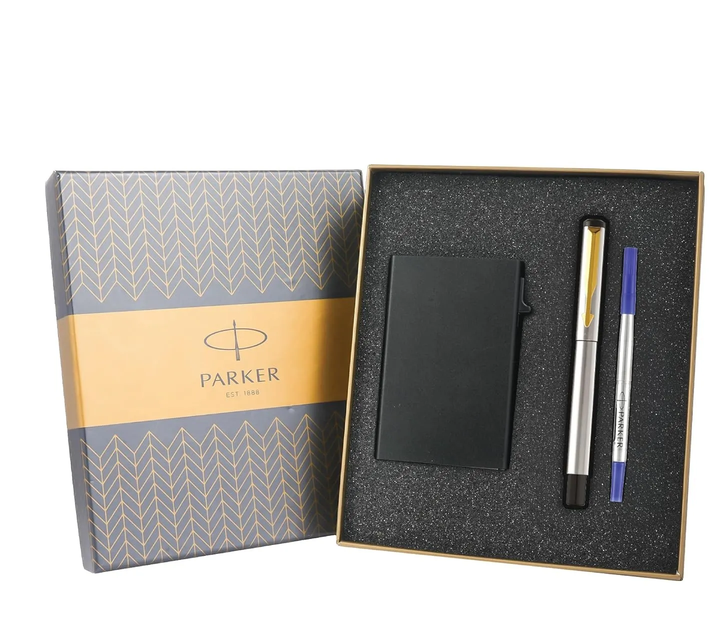 Parker Vector Stainless Steel Gold Trim Roller Ball Pen and Card Holder, Blue Ink