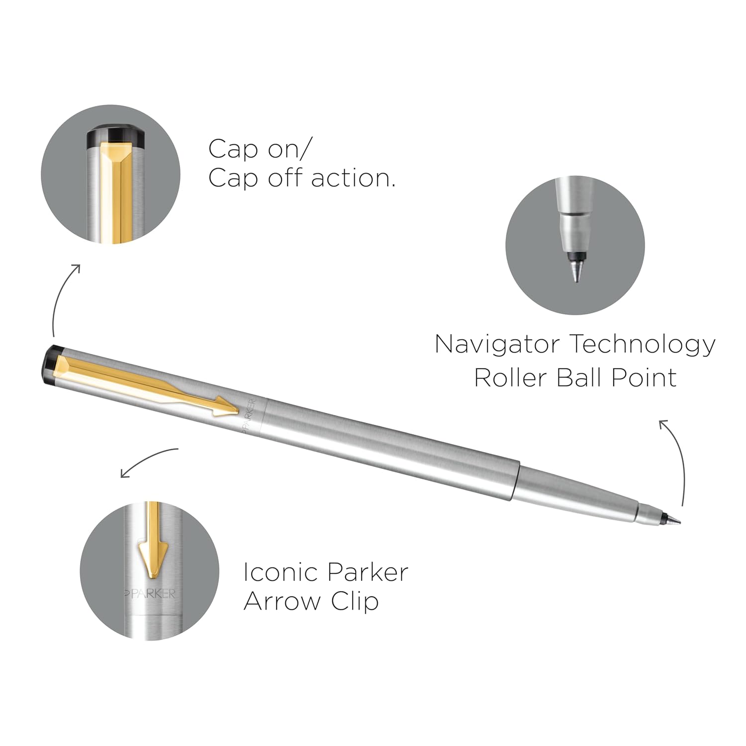 Parker Vector Stainless Steel Gold Trim Roller Ball Pen and Card Holder, Blue Ink