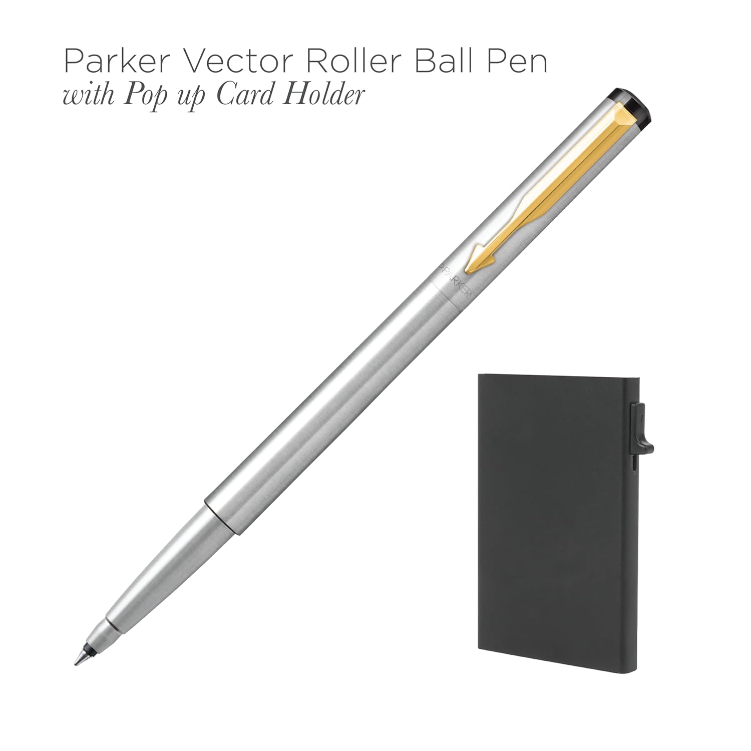 Parker Vector Stainless Steel Gold Trim Roller Ball Pen and Card Holder, Blue Ink