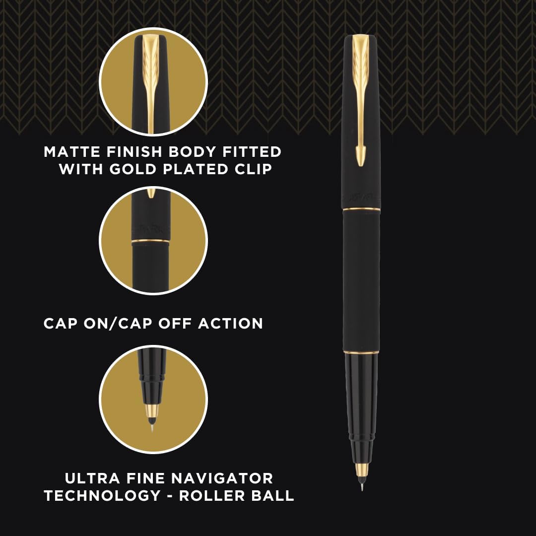 Parker Frontier Rollerball Pen | Gold trim | Ink Color Blue | Matte finish black Body