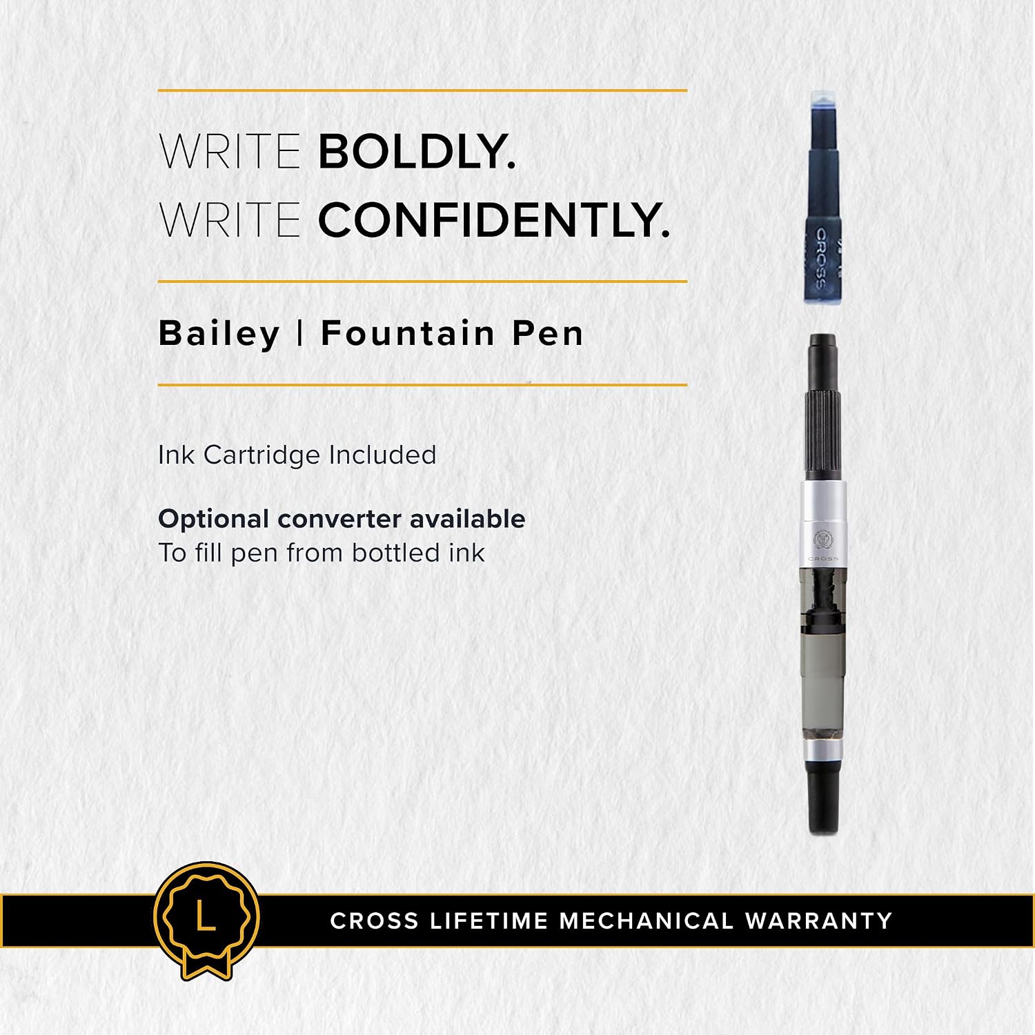 Cross Bailey Black Refillable Fountain Pen – Medium Point, Black Ink, Presented in a Premium Gift Box