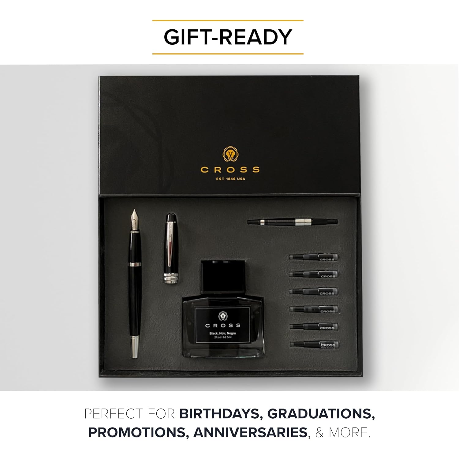 Cross Bailey Black Refillable Fountain Pen – Medium Point, Black Ink, Presented in a Premium Gift Box