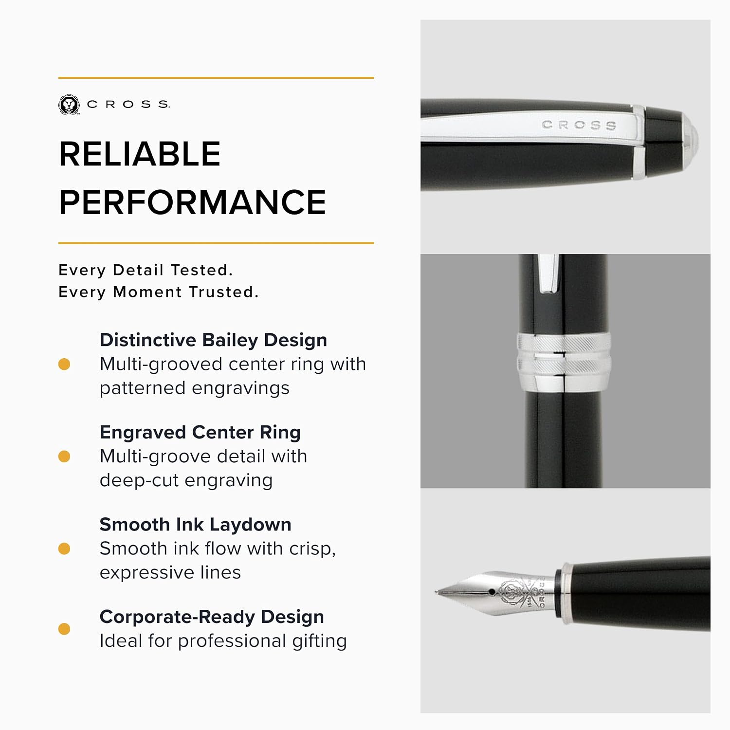 Cross Bailey Black Refillable Fountain Pen – Medium Point, Black Ink, Presented in a Premium Gift Box