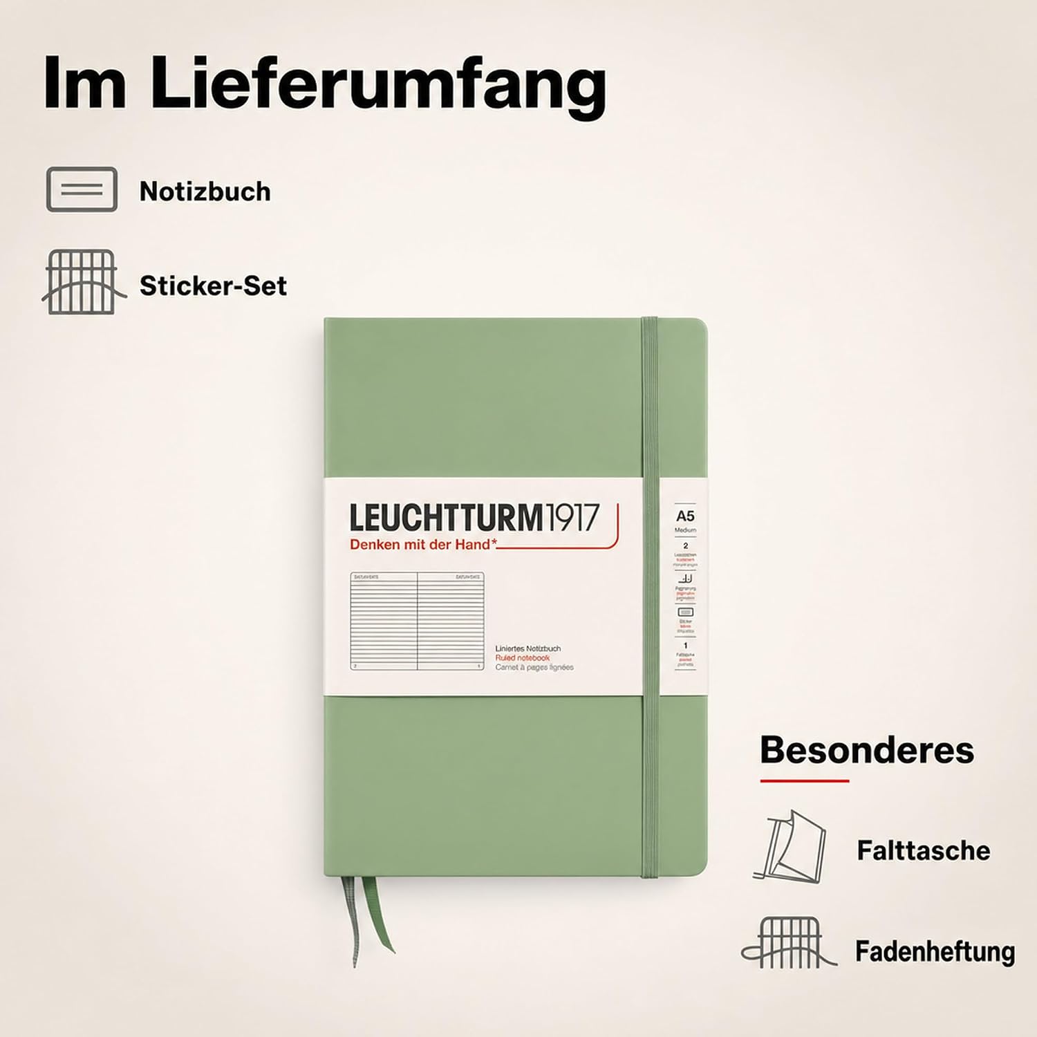 LEUCHTTURM1917 Medium A5 Ruled Hardcover Notebook Sage
