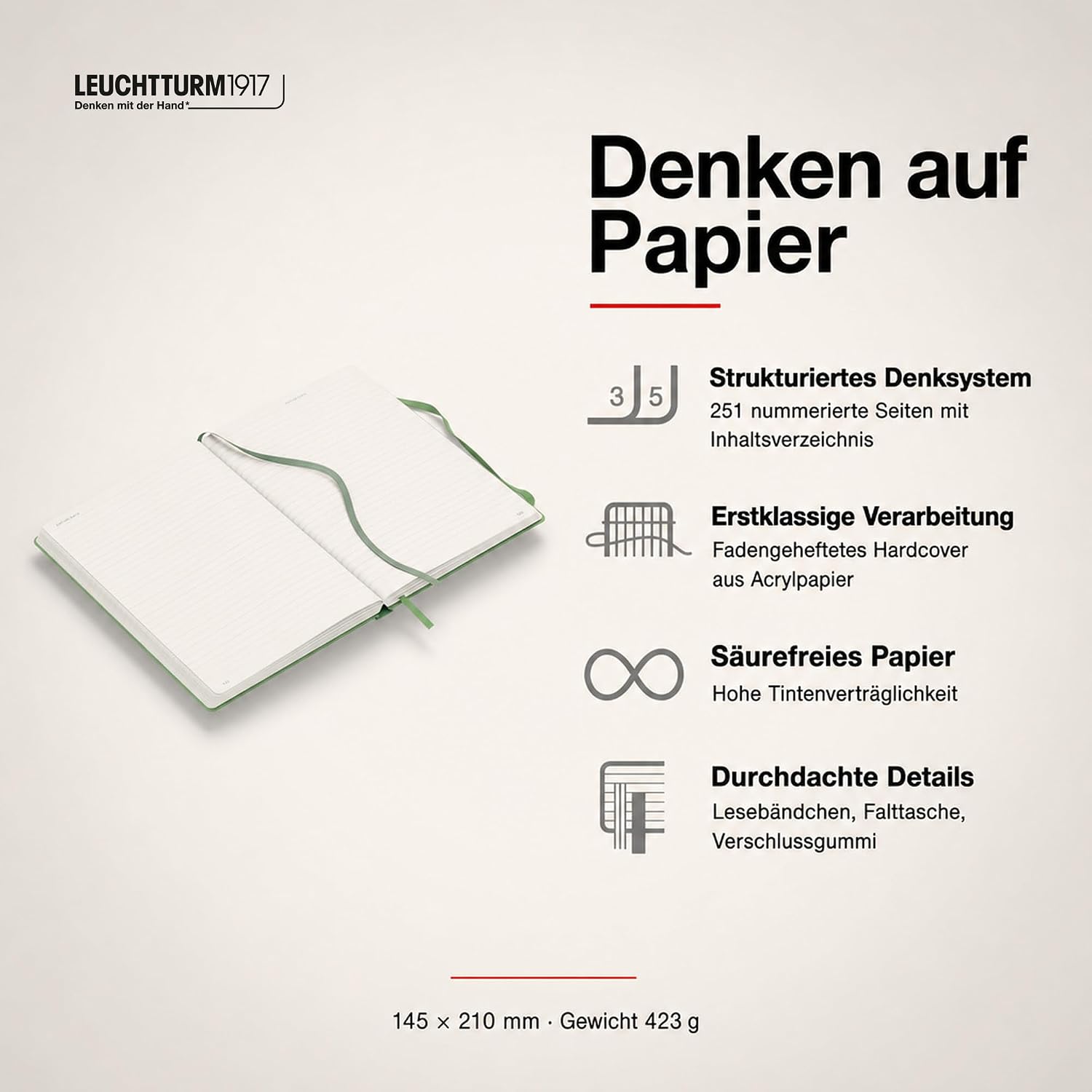 LEUCHTTURM1917 Medium A5 Ruled Hardcover Notebook Sage