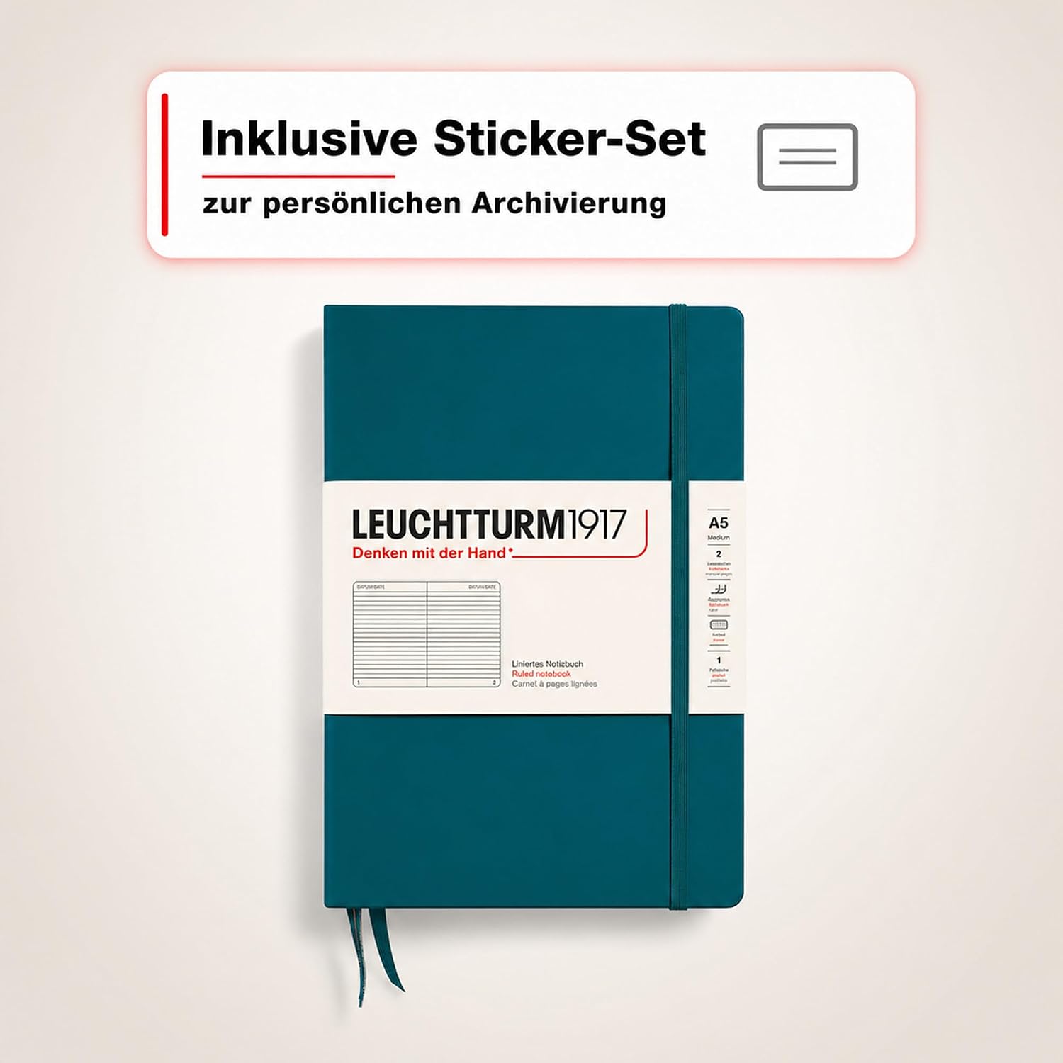 LEUCHTTURM1917 Medium A5 Ruled Hardcover Notebook Pacific Green