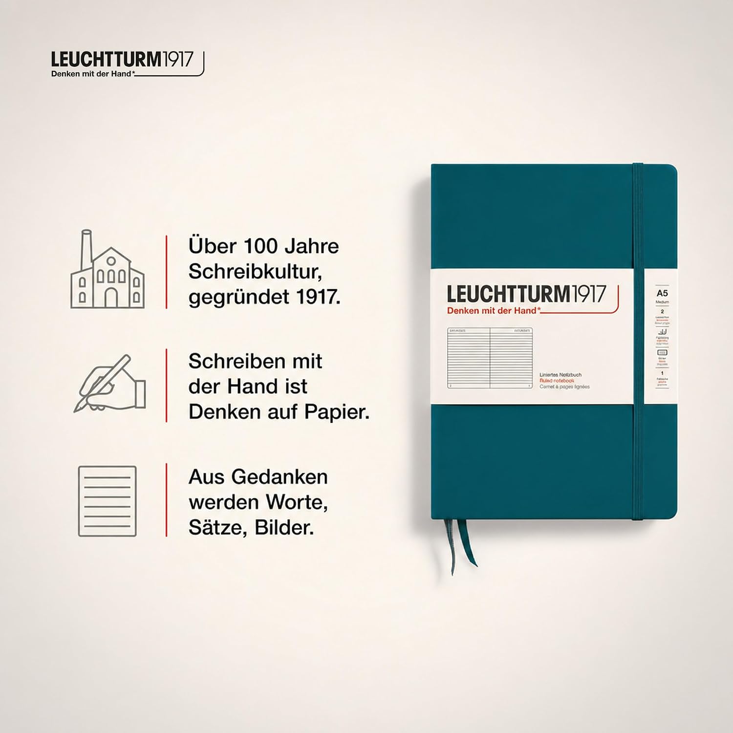 LEUCHTTURM1917 Medium A5 Ruled Hardcover Notebook Pacific Green