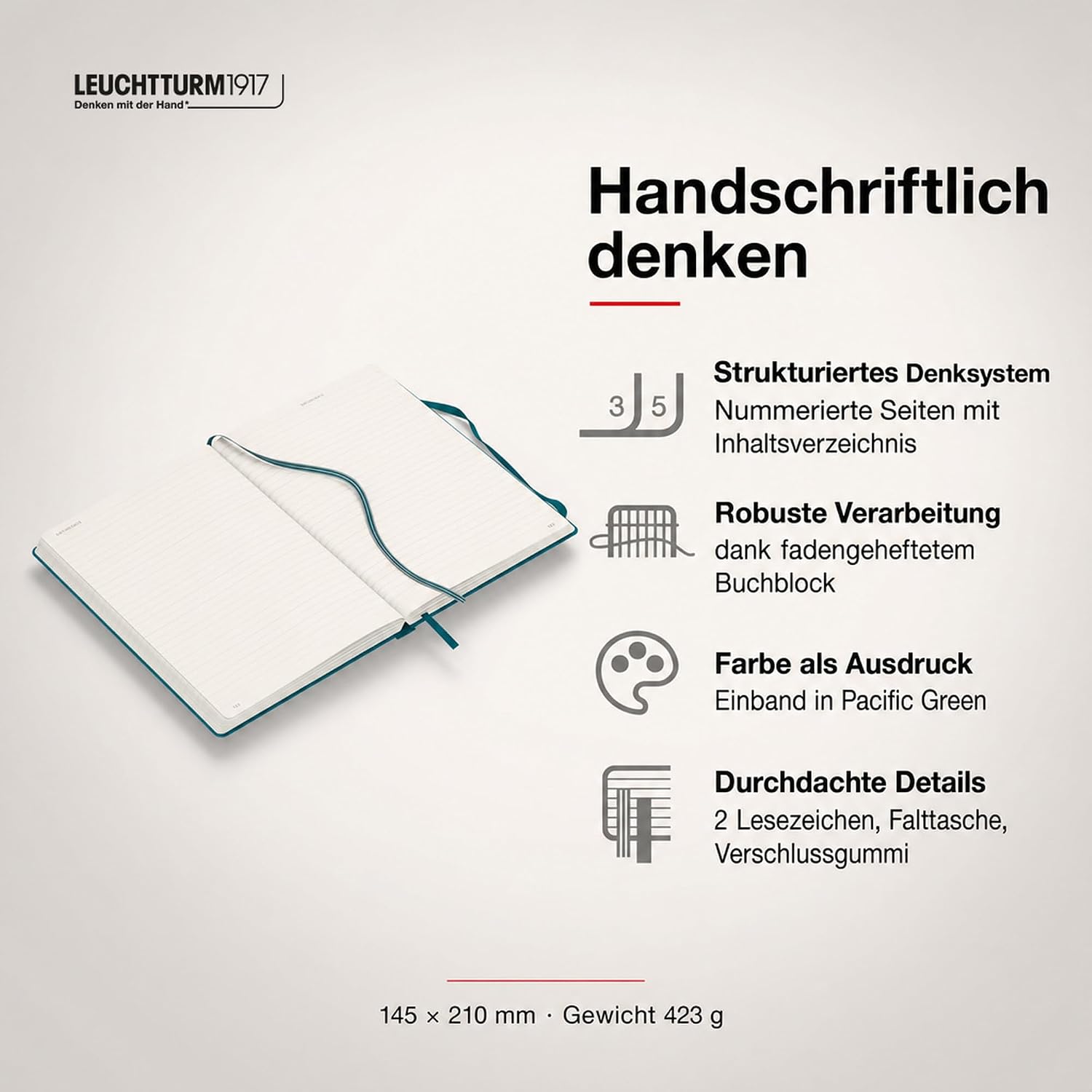 LEUCHTTURM1917 Medium A5 Ruled Hardcover Notebook Pacific Green